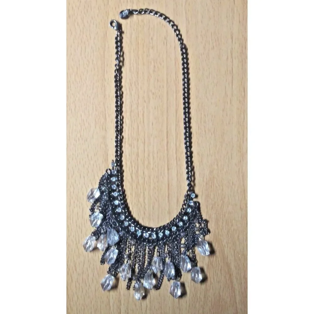 Flapper Tassel Fringe Necklace Choker oxidized gray with clear rhinestones EUC